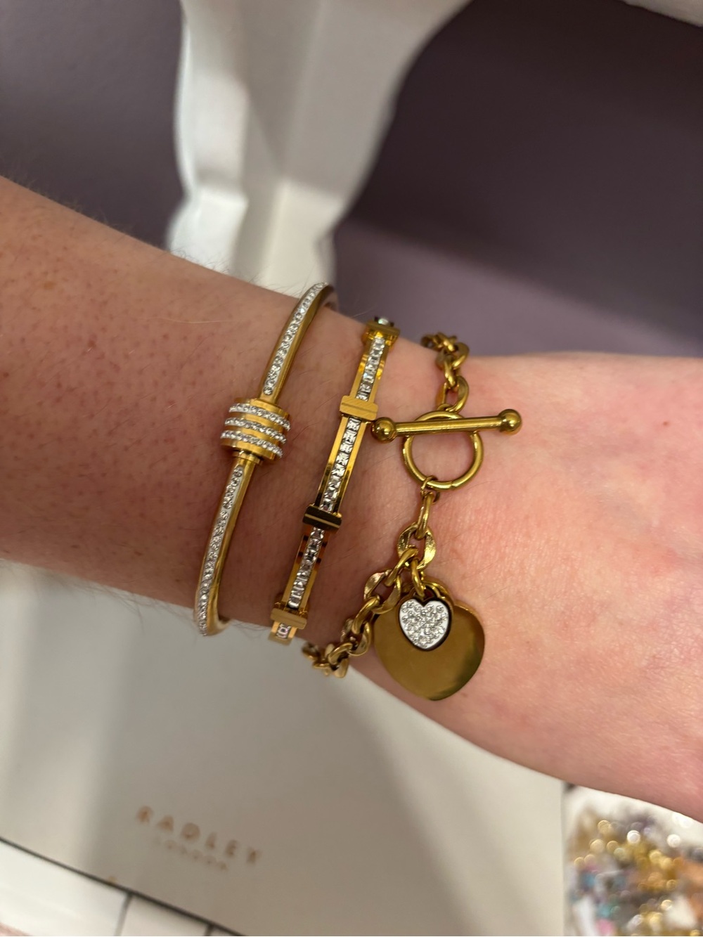 Gold Crystal Toggle Heart Charm Bracelet set
